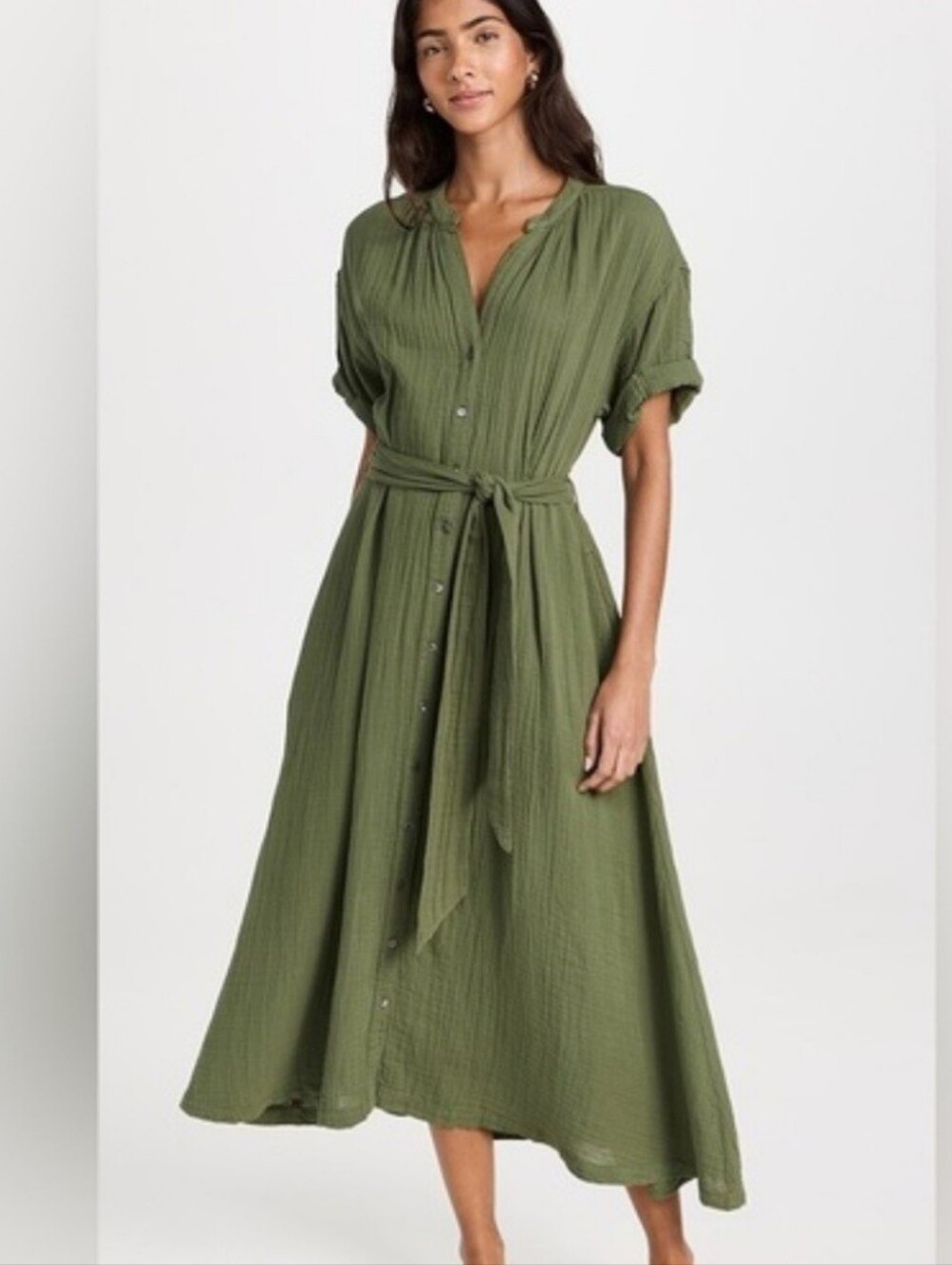 Xirena Cate Green Midi Dress Gauze Shoet Sleeve Ties At Waist